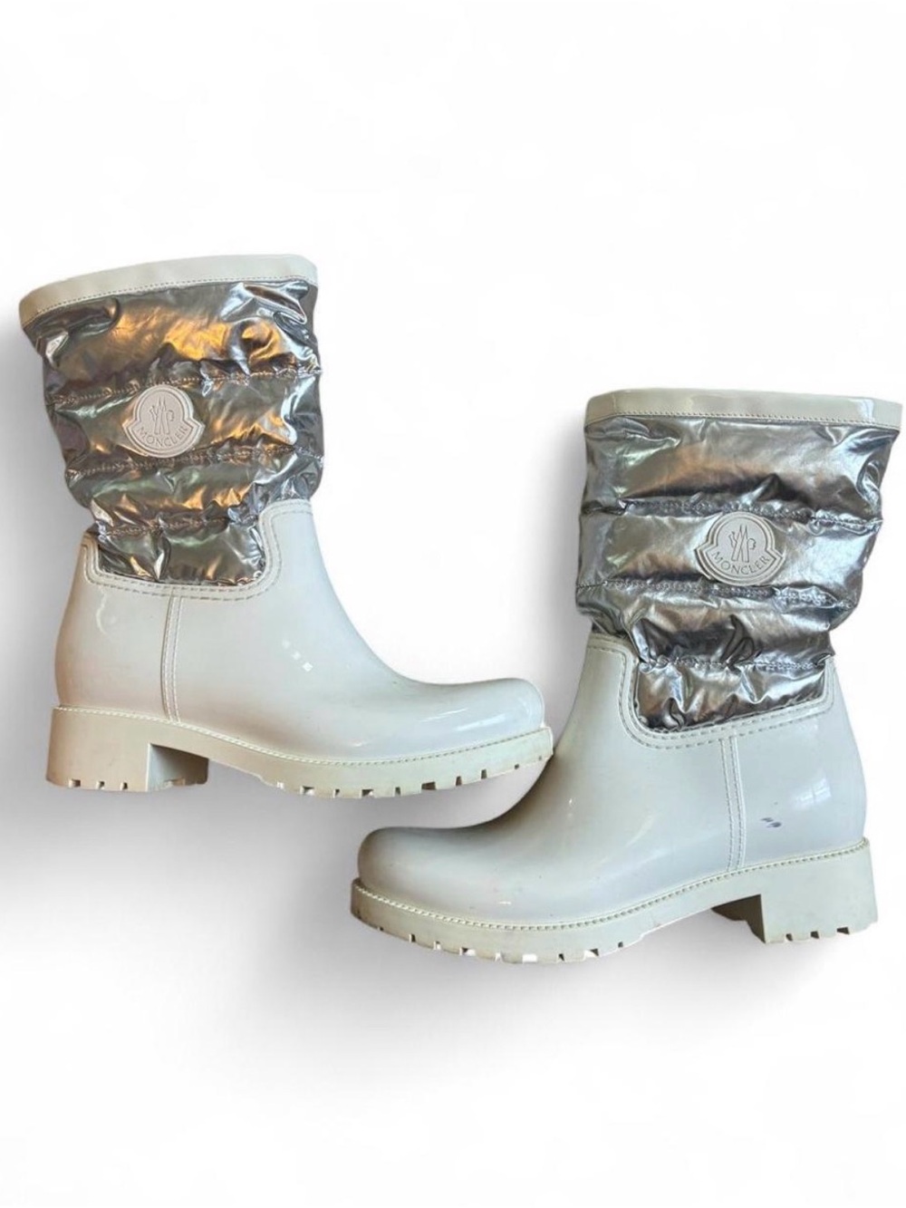 Moncler Gisele Rain Boot White & Metallic Size 37
